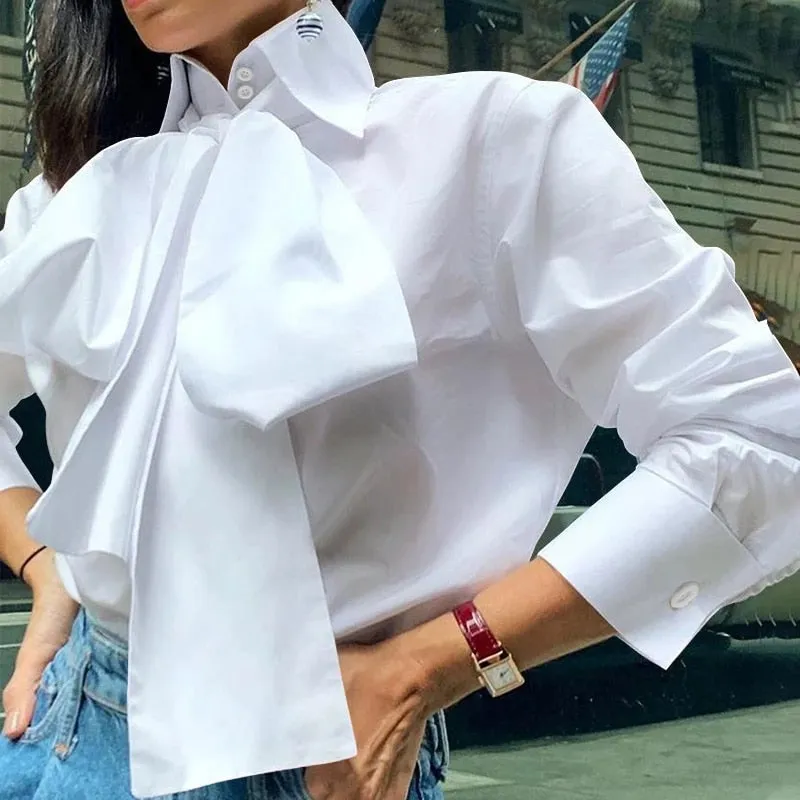 Wenkouban Elegant Bow Tie White Shirts Women Autumn Long Sleeve Fashion Tops Casual Party Blouse Tunic Ladies Blusas Femininas