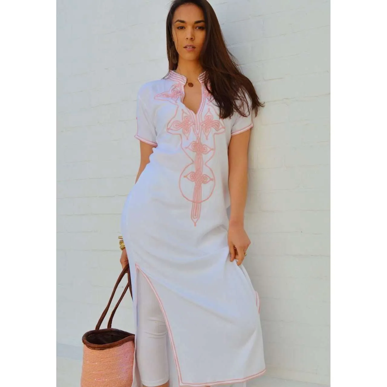 White Aisha Short Sleeve Boho Trendy Kaftan- Moroccan Kaftan