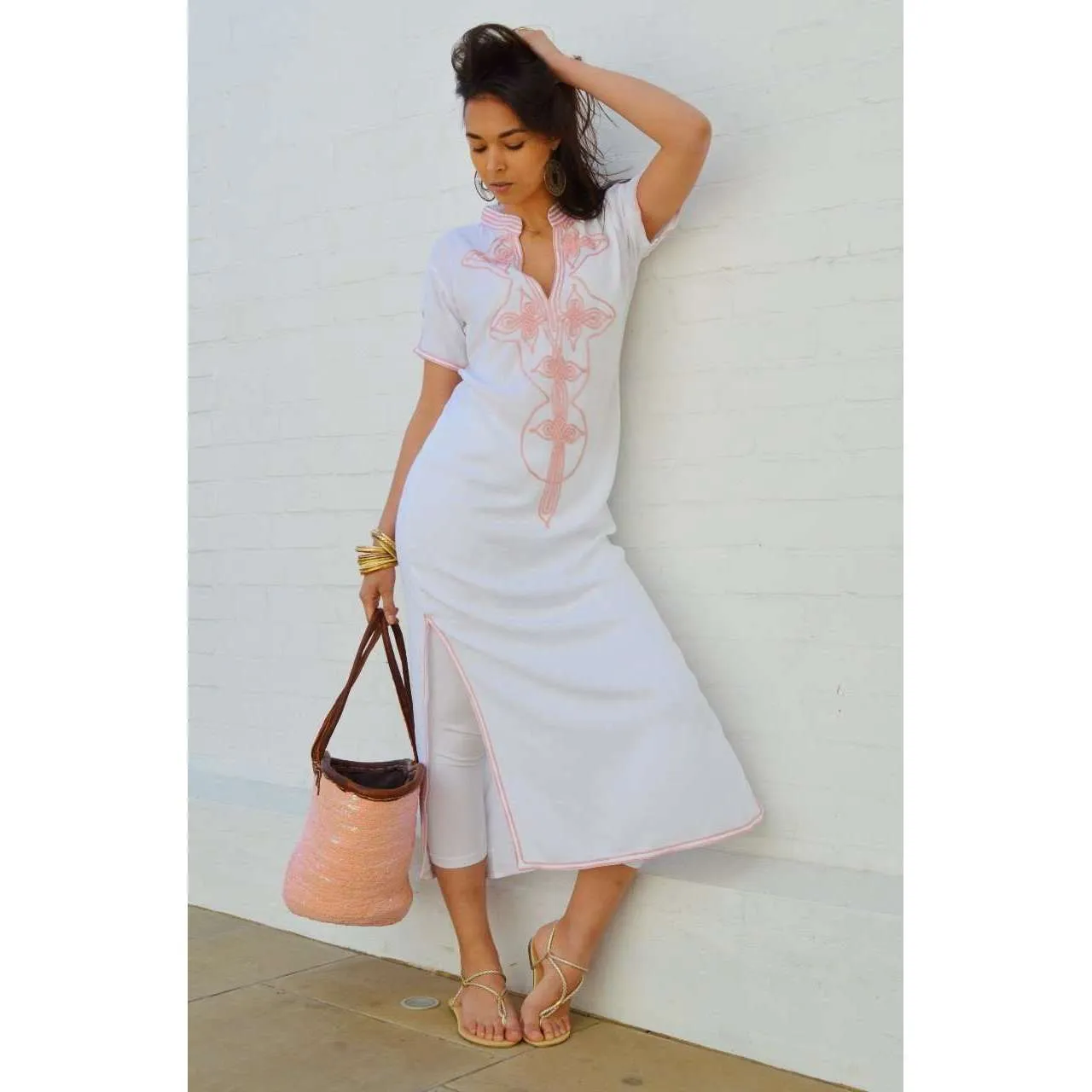 White Aisha Short Sleeve Boho Trendy Kaftan- Moroccan Kaftan