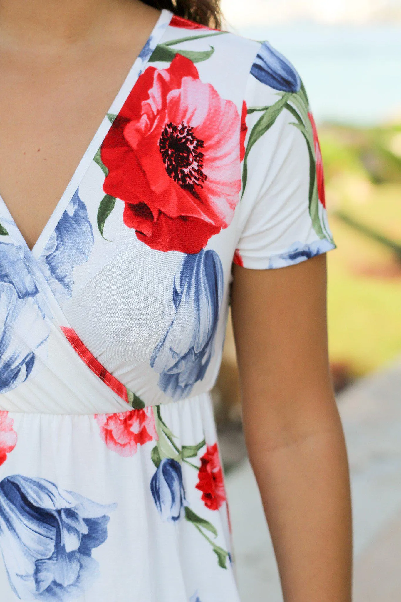 White and Red Floral High Low Dress