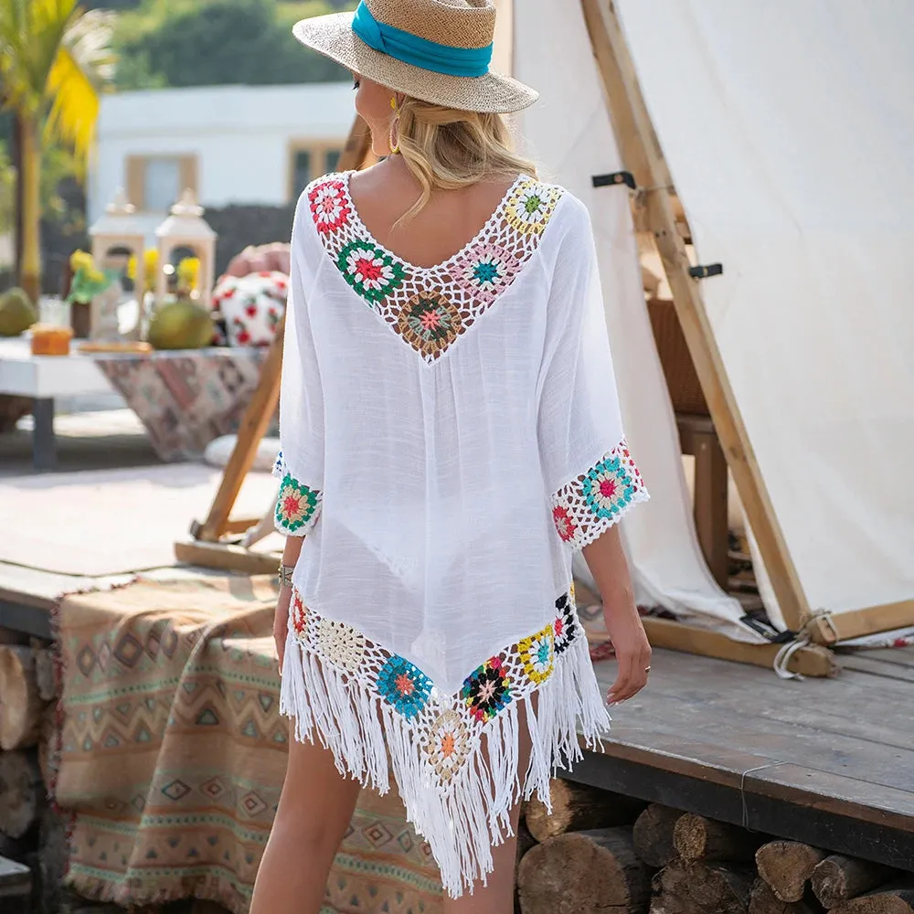 White Bikini Cover Up With Fringe Trim Women Sexy Hollow Tunic Beach Dress Summer Bathing Suit Beachwear