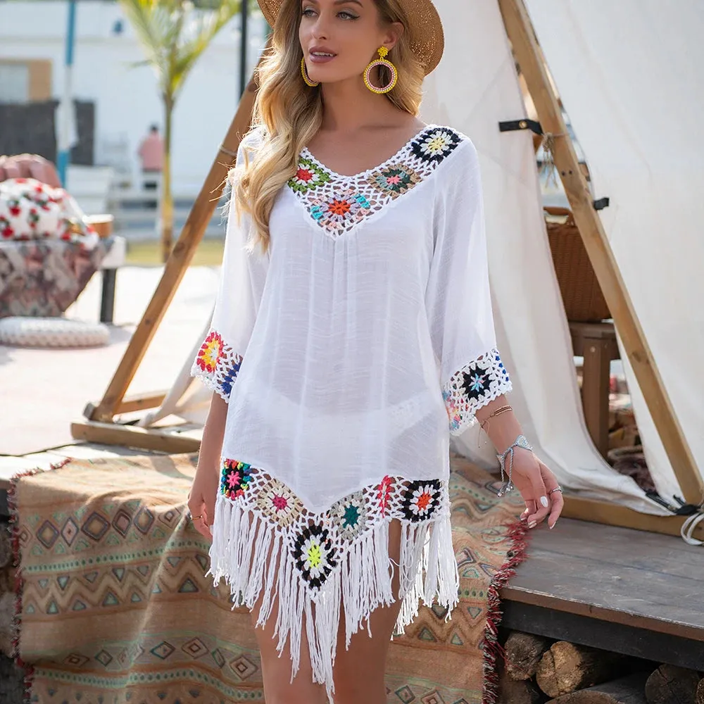 White Bikini Cover Up With Fringe Trim Women Sexy Hollow Tunic Beach Dress Summer Bathing Suit Beachwear