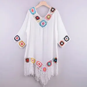 White Bikini Cover Up With Fringe Trim Women Sexy Hollow Tunic Beach Dress Summer Bathing Suit Beachwear