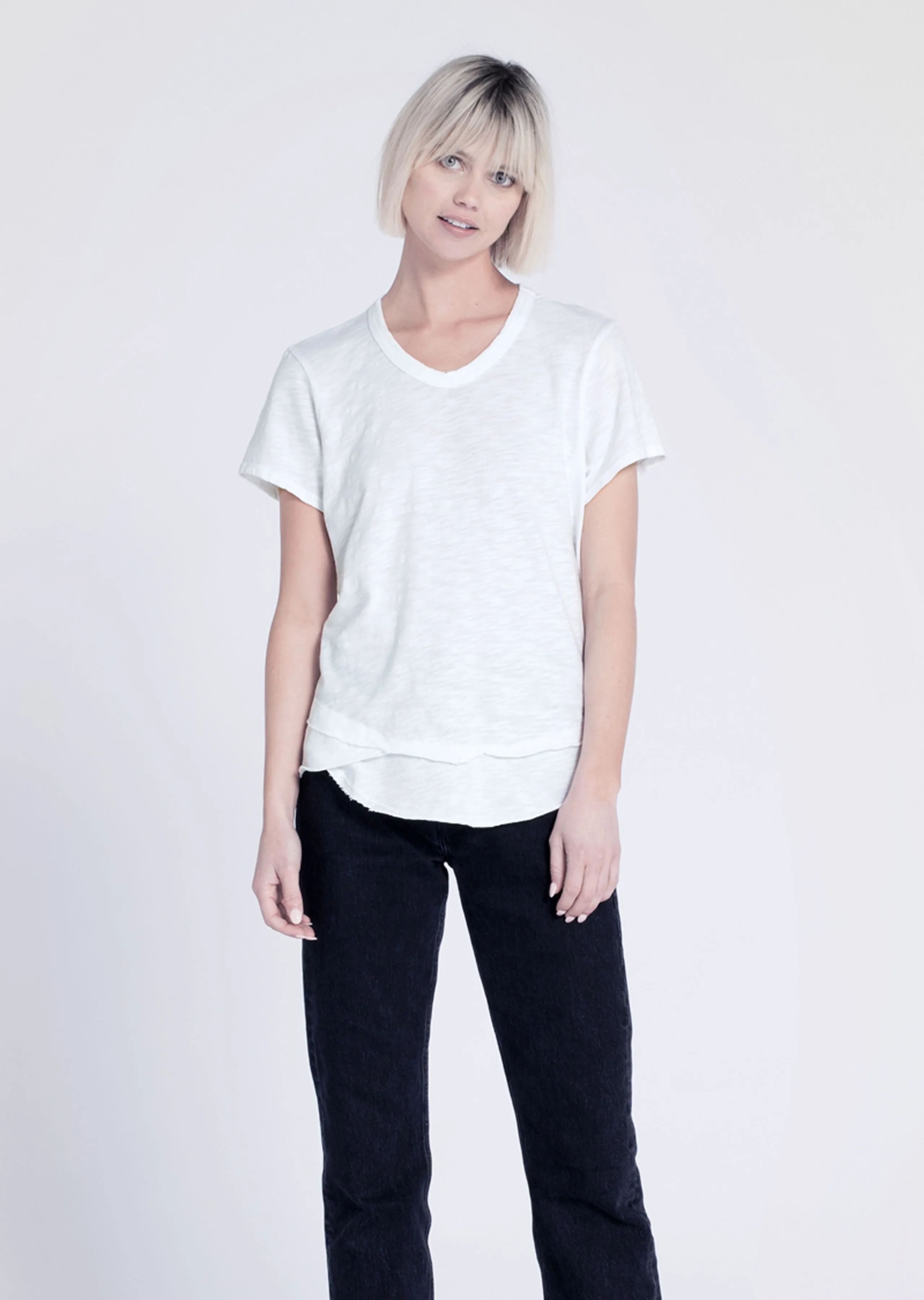 WILT - Short Sleeve Mock Layer Tee in White