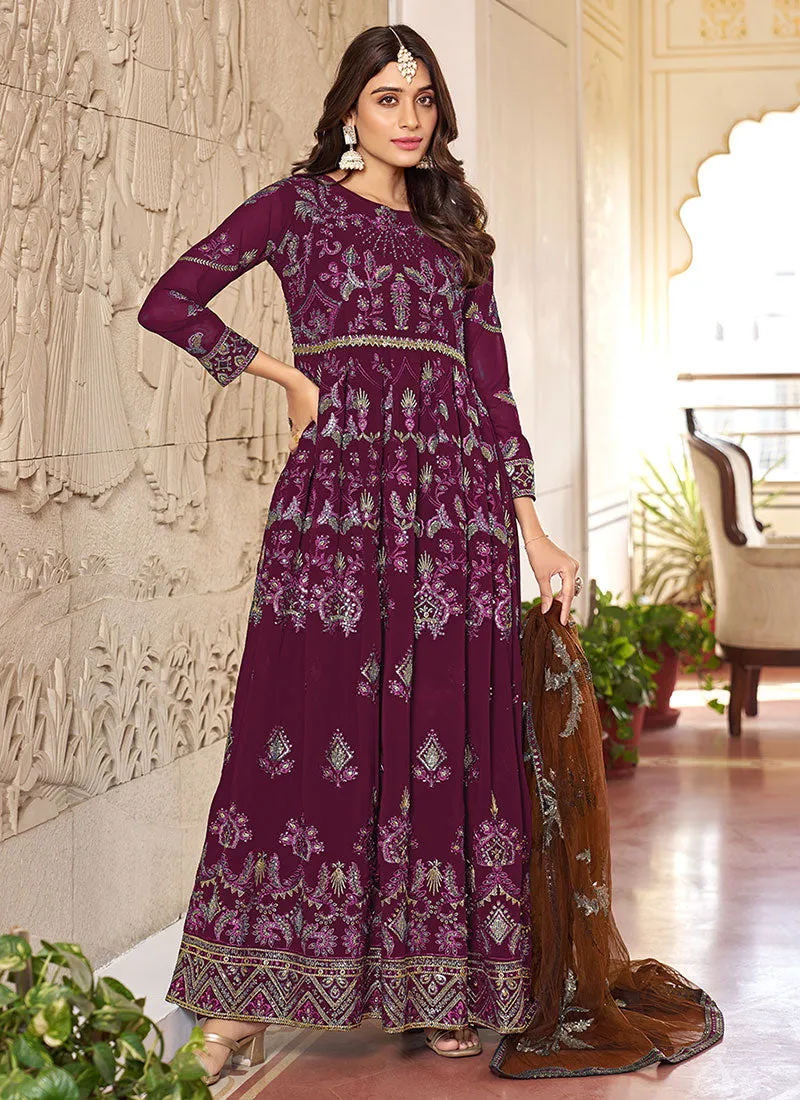 Wine Multi Embroidery Gerogette Anarkali Suit