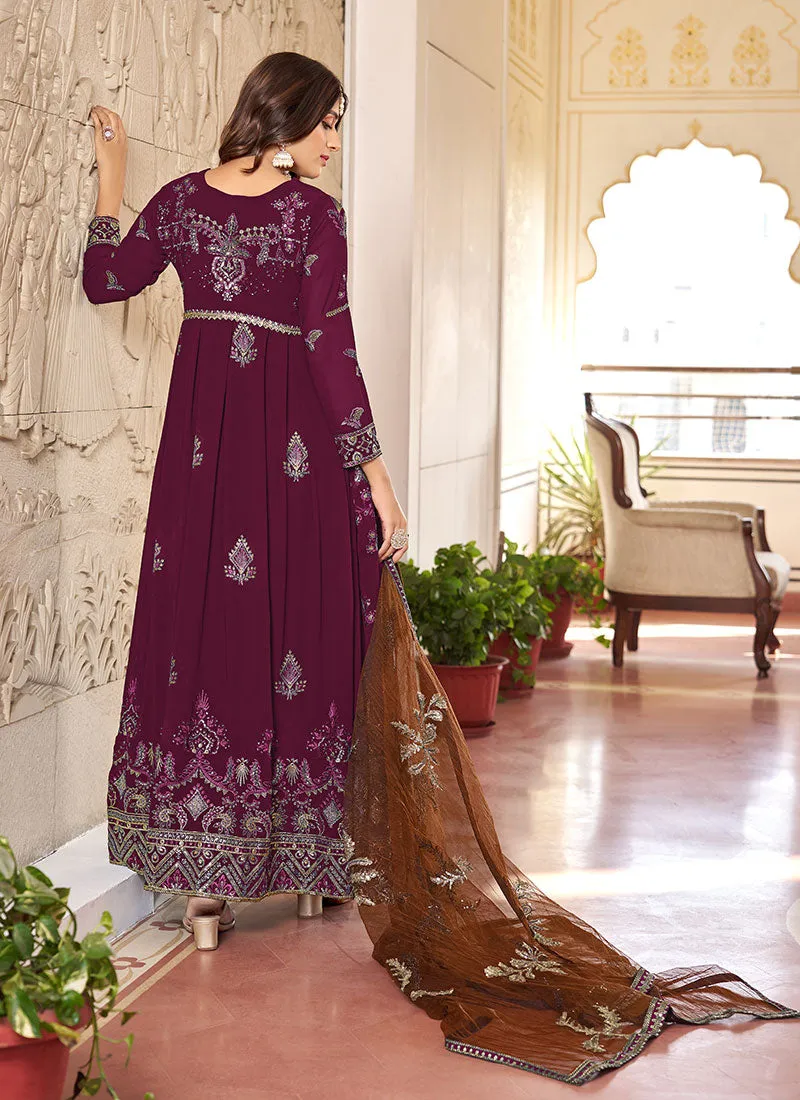 Wine Multi Embroidery Gerogette Anarkali Suit