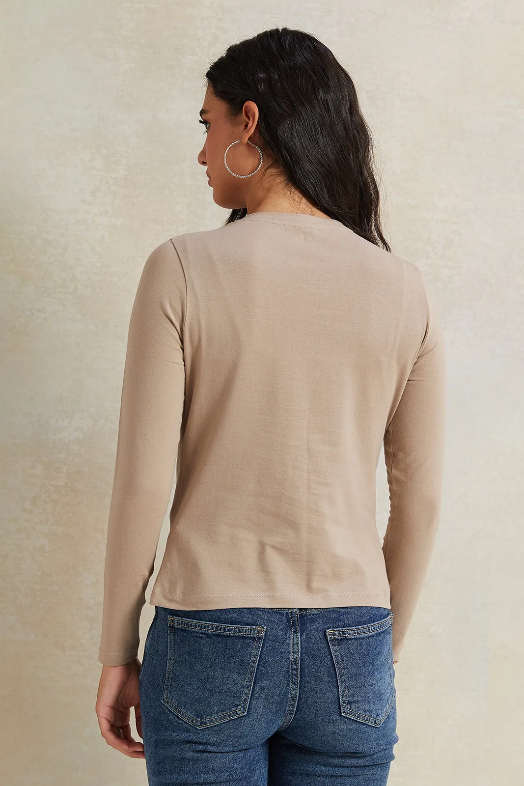 Women Beige Long Sleeve Basic T-Shirt