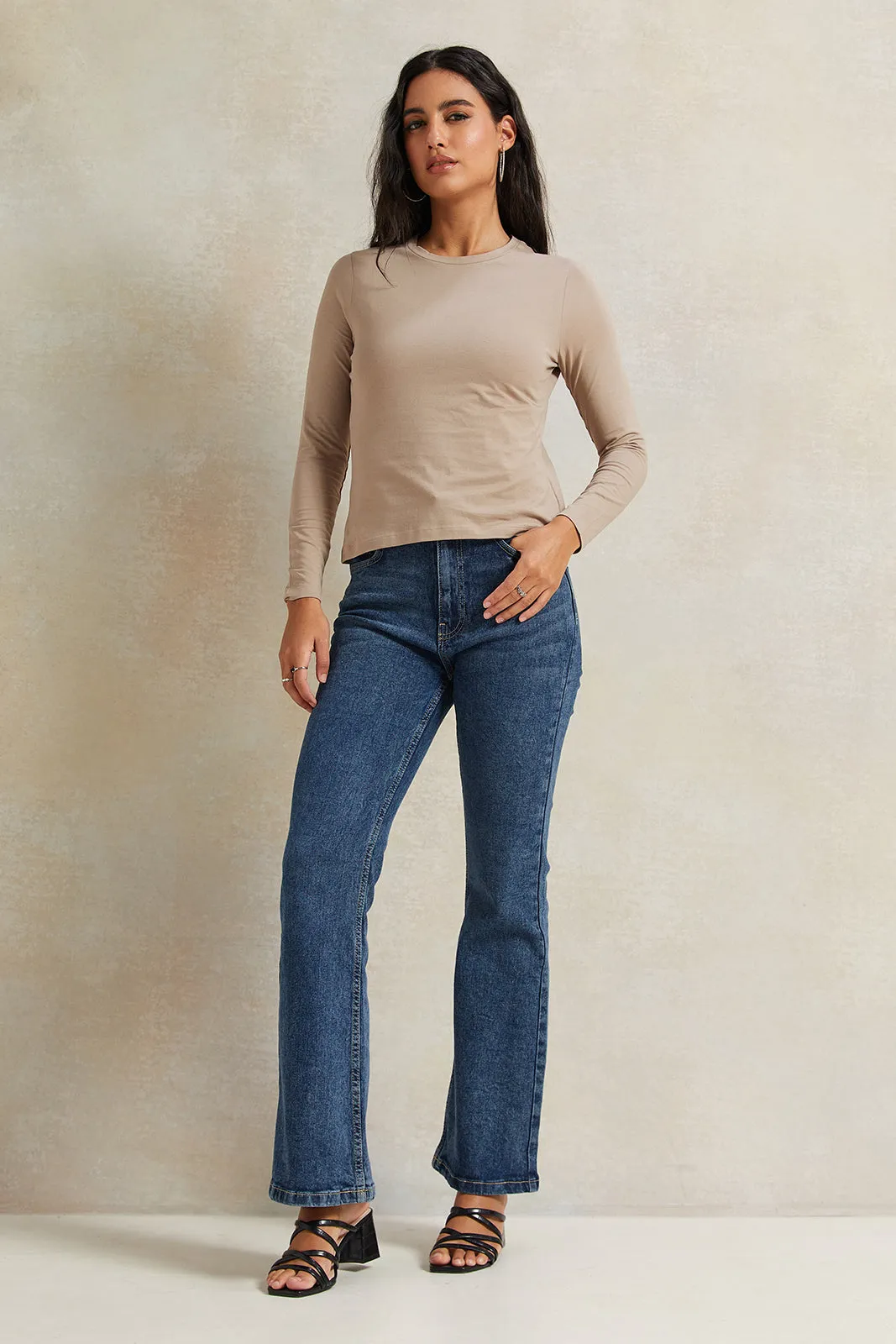 Women Beige Long Sleeve Basic T-Shirt