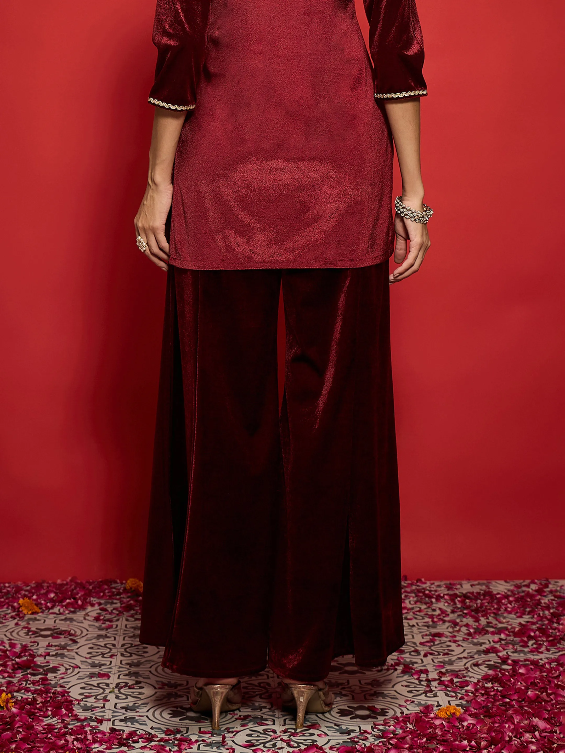 Women Maroon Velvet Flared Palazzos