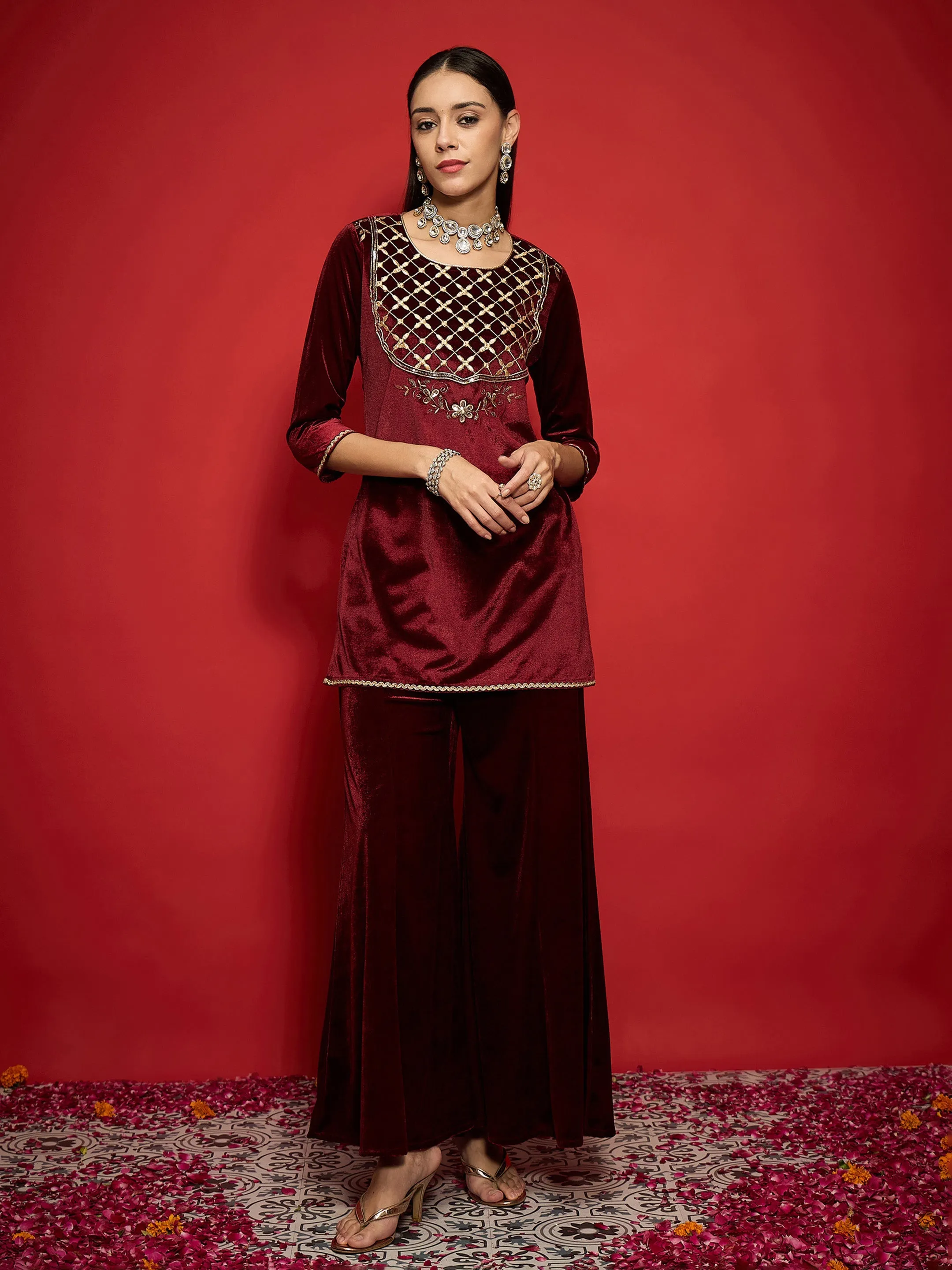 Women Maroon Velvet Flared Palazzos