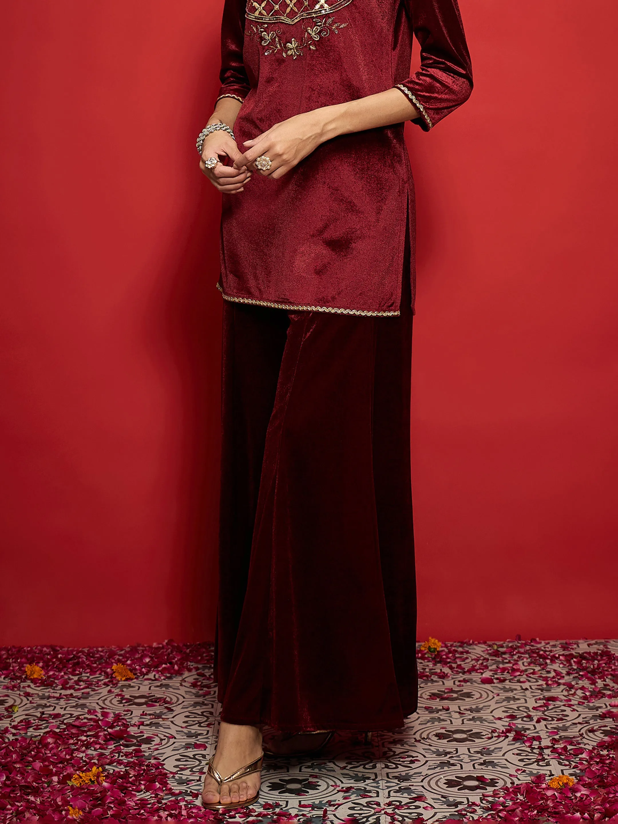 Women Maroon Velvet Flared Palazzos