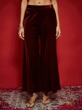 Women Maroon Velvet Flared Palazzos