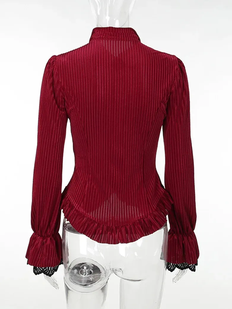 Women Victorian Goth Shirt Velvet Striped Blouse