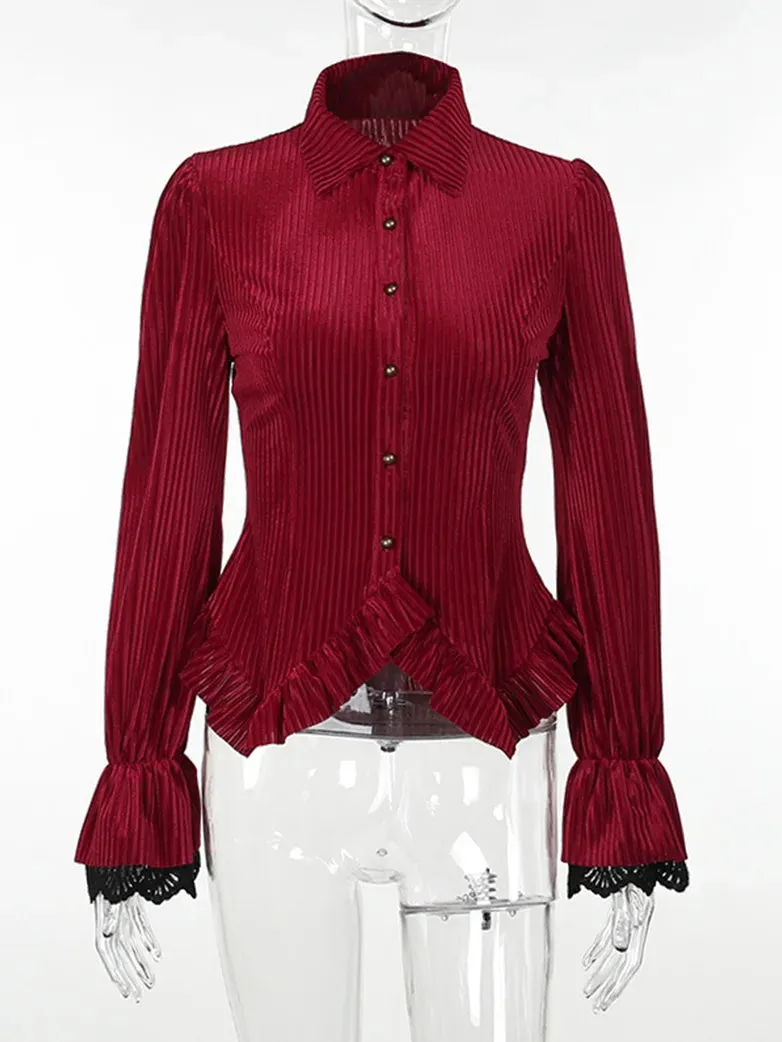 Women Victorian Goth Shirt Velvet Striped Blouse