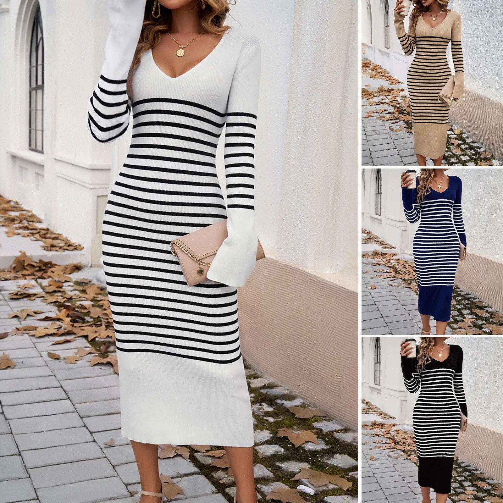 Women's autumn and winter temperament slim fit V-neck contrasting striped sweater dress