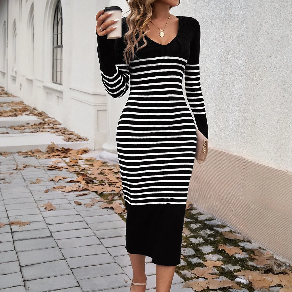 Women's autumn and winter temperament slim fit V-neck contrasting striped sweater dress