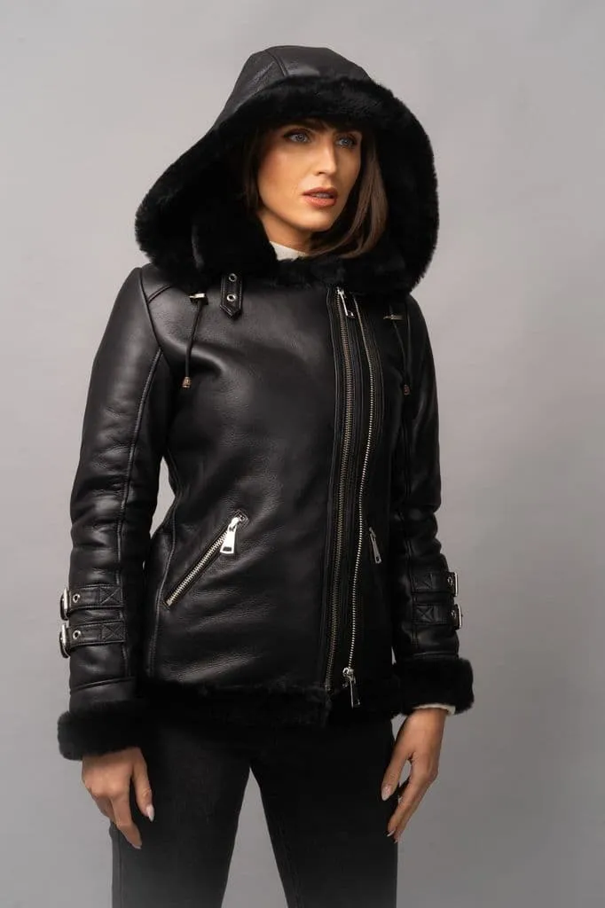 Womens Black Hooded Shearling Biker Leather Jacket