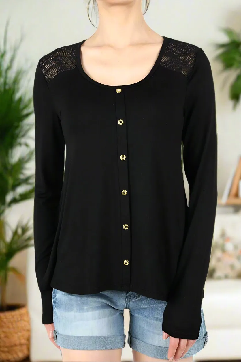 Womens Black Lace Trim Top, Soft Long Sleeve Shirt, Faux Button Top, Sizes S/M/L, Solid Black