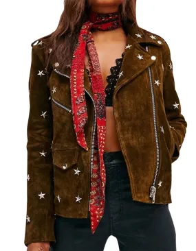 Women's Brown Studded Suede Leather Jacket