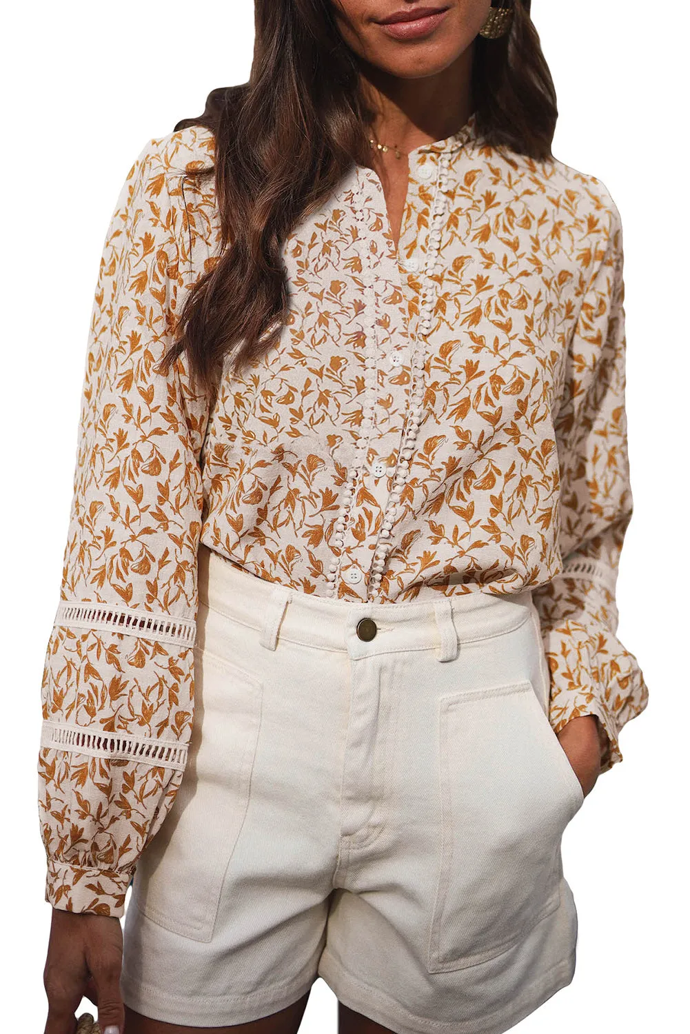 Womens Floral Printed Mock Neck Shirt Button Down Eyelet Blouse Tops