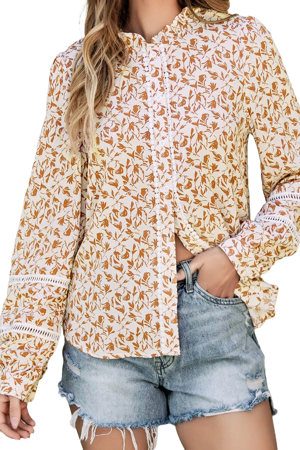 Womens Floral Printed Mock Neck Shirt Button Down Eyelet Blouse Tops