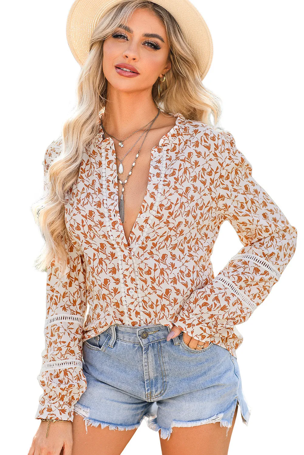 Womens Floral Printed Mock Neck Shirt Button Down Eyelet Blouse Tops