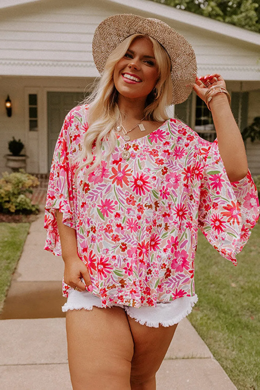 Women's Floral Ruffled Baggy Sleeve V-Neck Plus Size Blouse