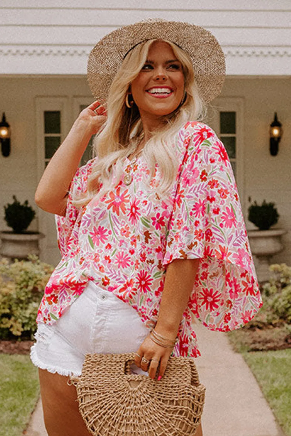 Women's Floral Ruffled Baggy Sleeve V-Neck Plus Size Blouse