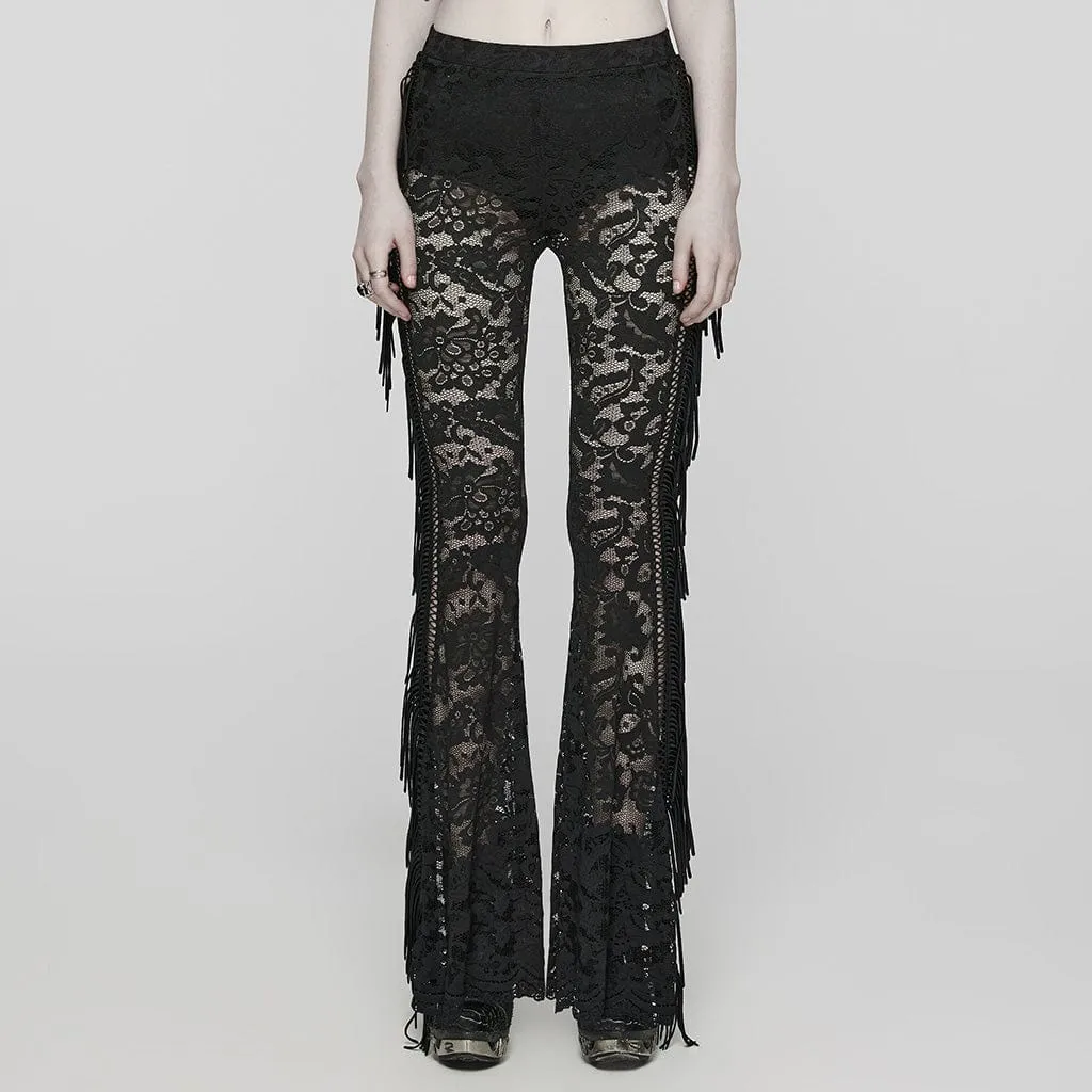 Women's Gothic Lace Tassels Flared Pants Black