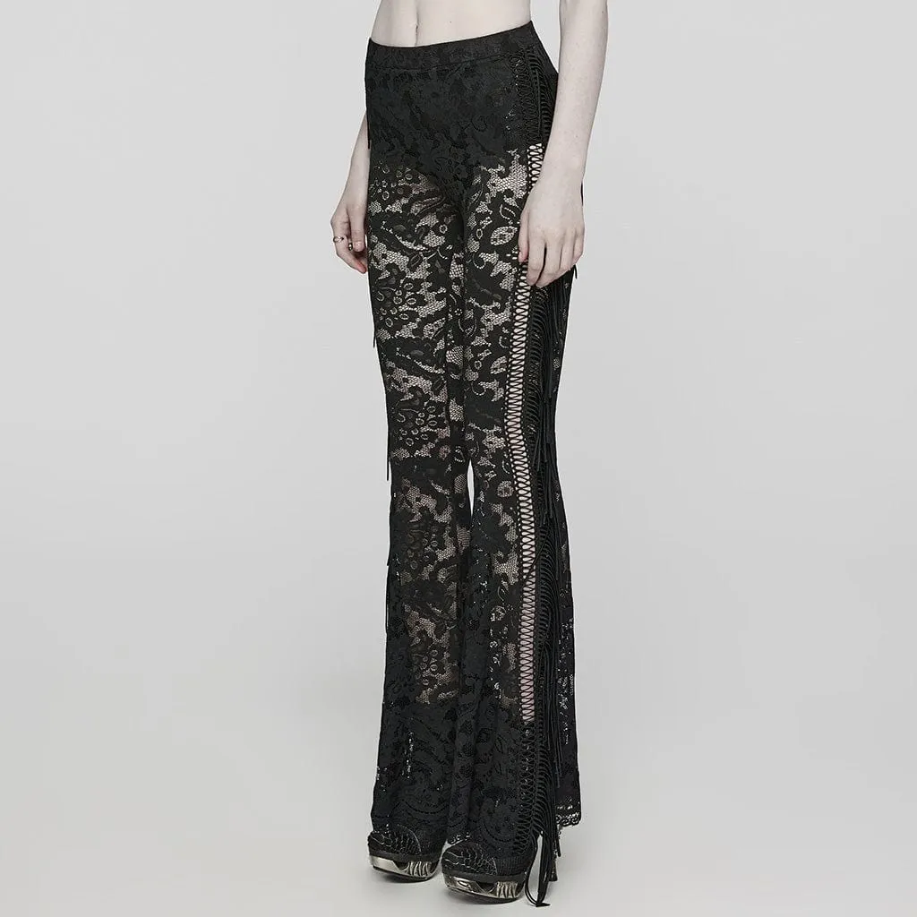 Women's Gothic Lace Tassels Flared Pants Black