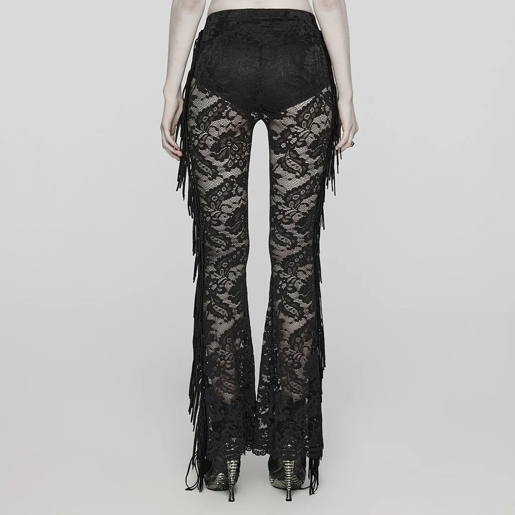 Women's Gothic Lace Tassels Flared Pants Black