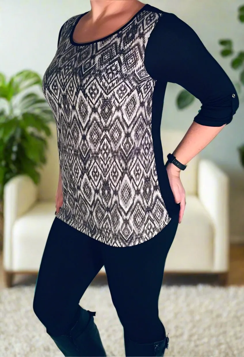 Womens Gray Geometric Shirt, Graphic Top, 3/4 Sleeve Shirt, Sizes S/M/L, Gray/Black