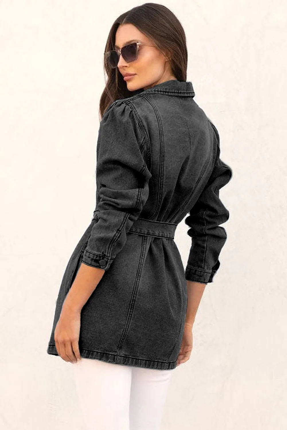 Women's Lapel Collar Pocketed Tie Waist Long Denim Jacket