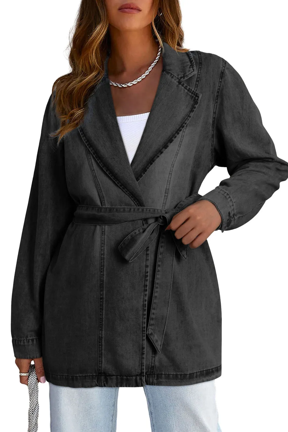 Women's Lapel Collar Pocketed Tie Waist Long Denim Jacket