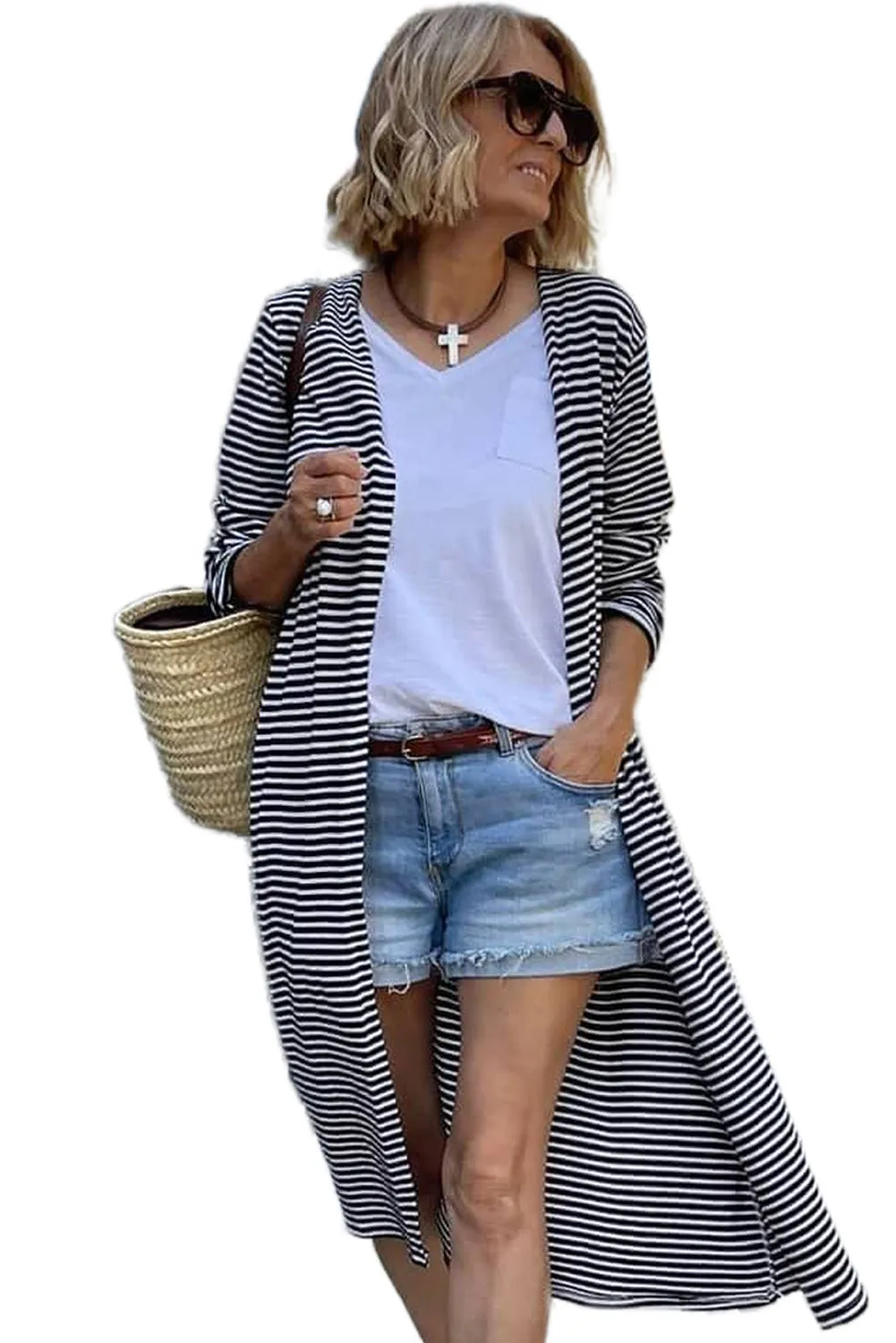 Women's Lightweight Stripe Open Front Long Cardigan