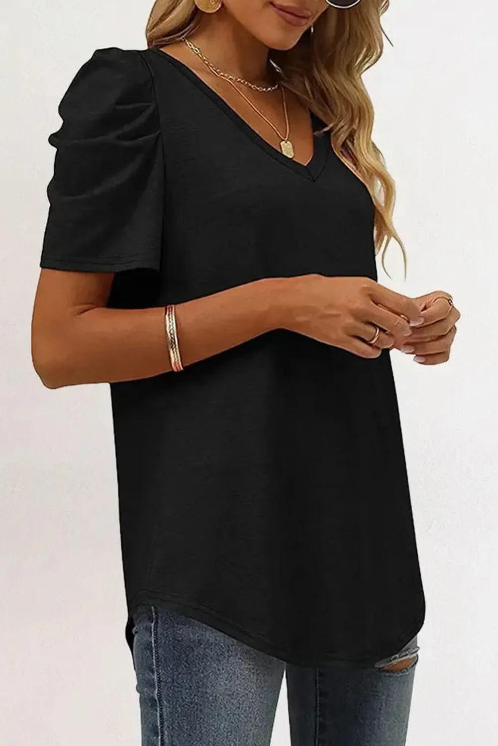 Women's Summer Casual Shirts Puff Sleeve V Neck T-Shirt