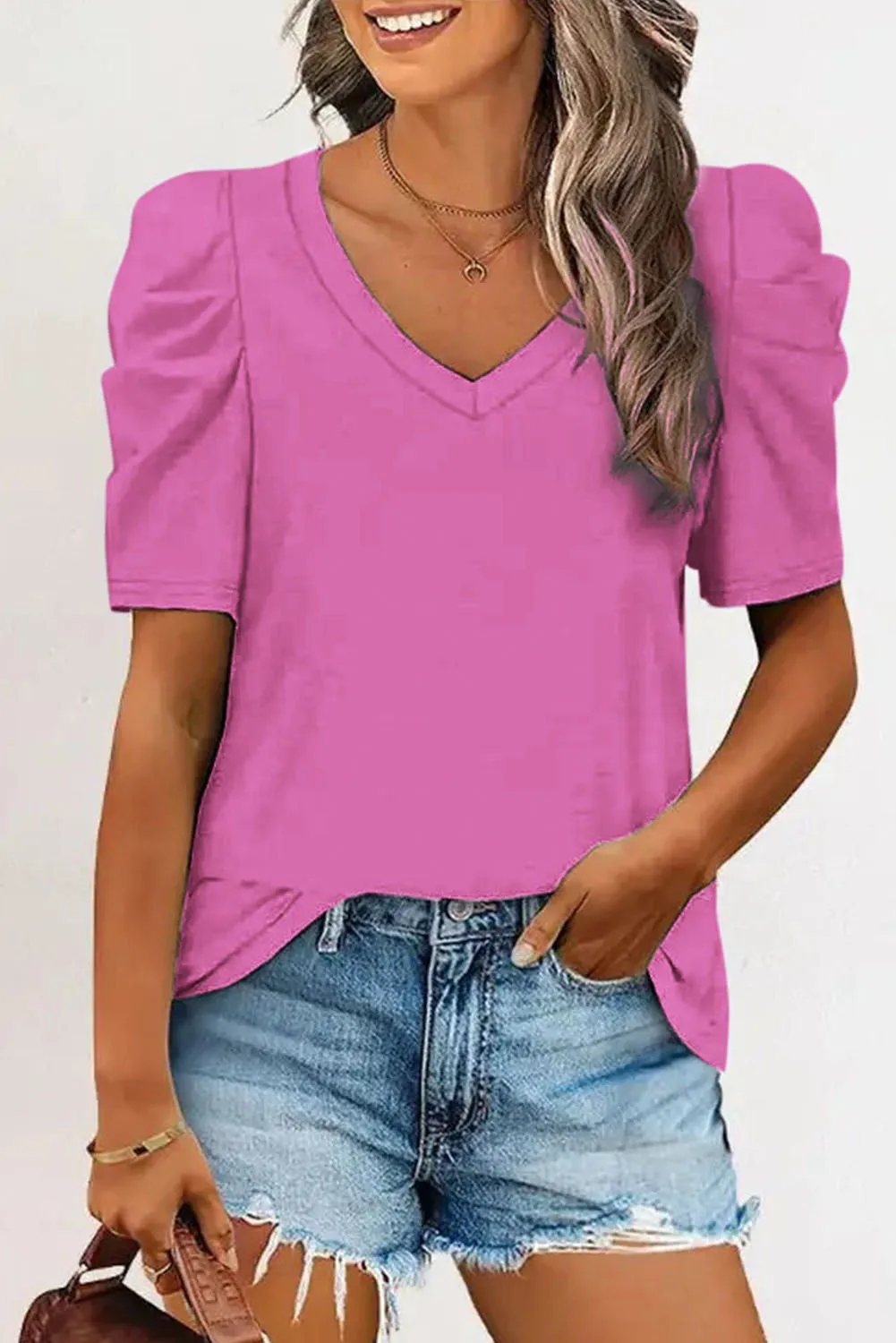 Women's Summer Casual Shirts Puff Sleeve V Neck T-Shirt