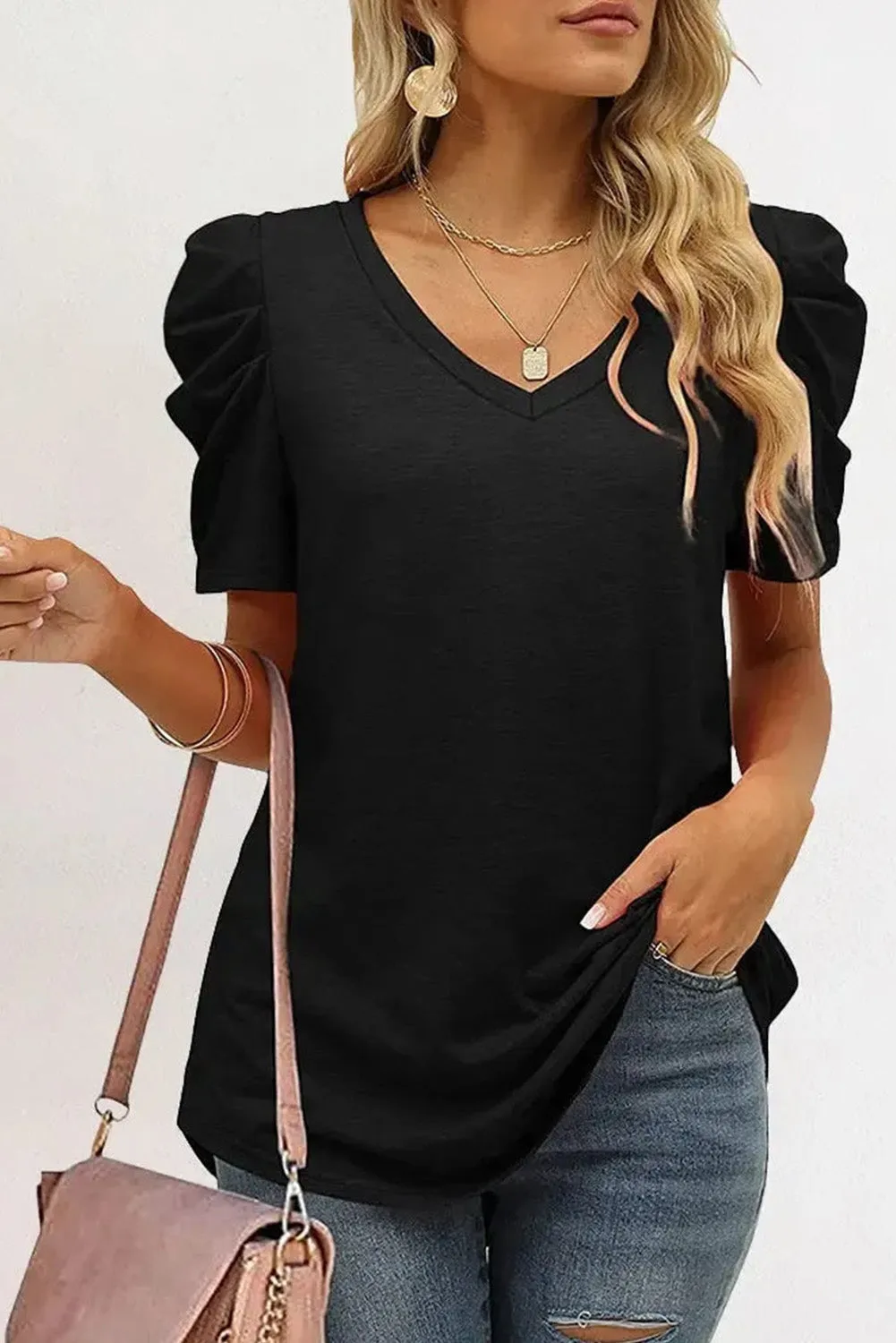 Women's Summer Casual Shirts Puff Sleeve V Neck T-Shirt