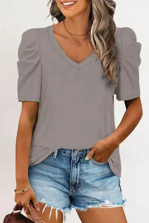 Women's Summer Casual Shirts Puff Sleeve V Neck T-Shirt