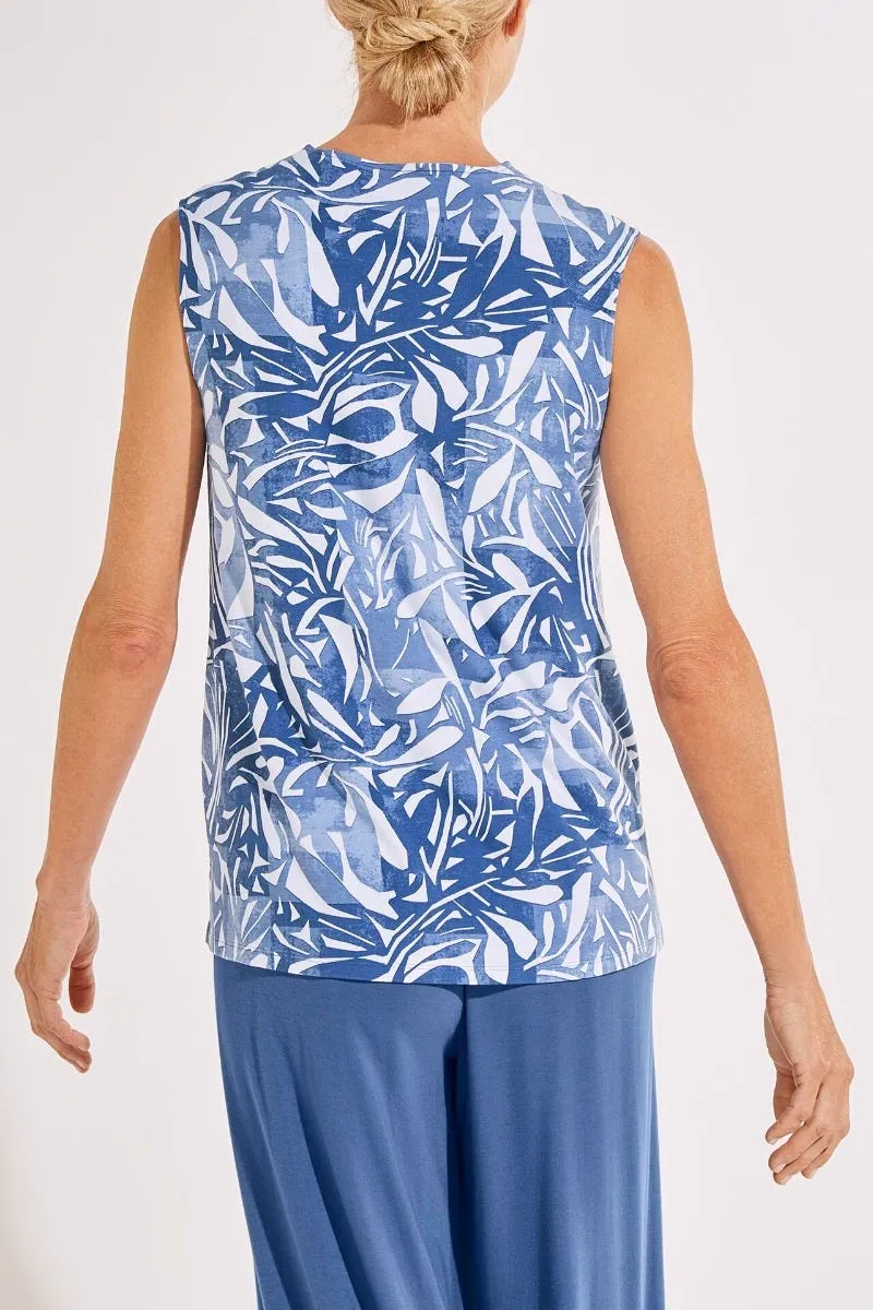 Women's Vedra V-Neck Tunic Top  |  Contemporary Blue Abstract Leaves