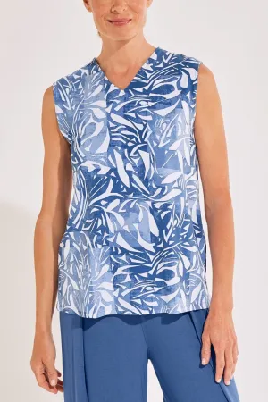 Women's Vedra V-Neck Tunic Top  |  Contemporary Blue Abstract Leaves